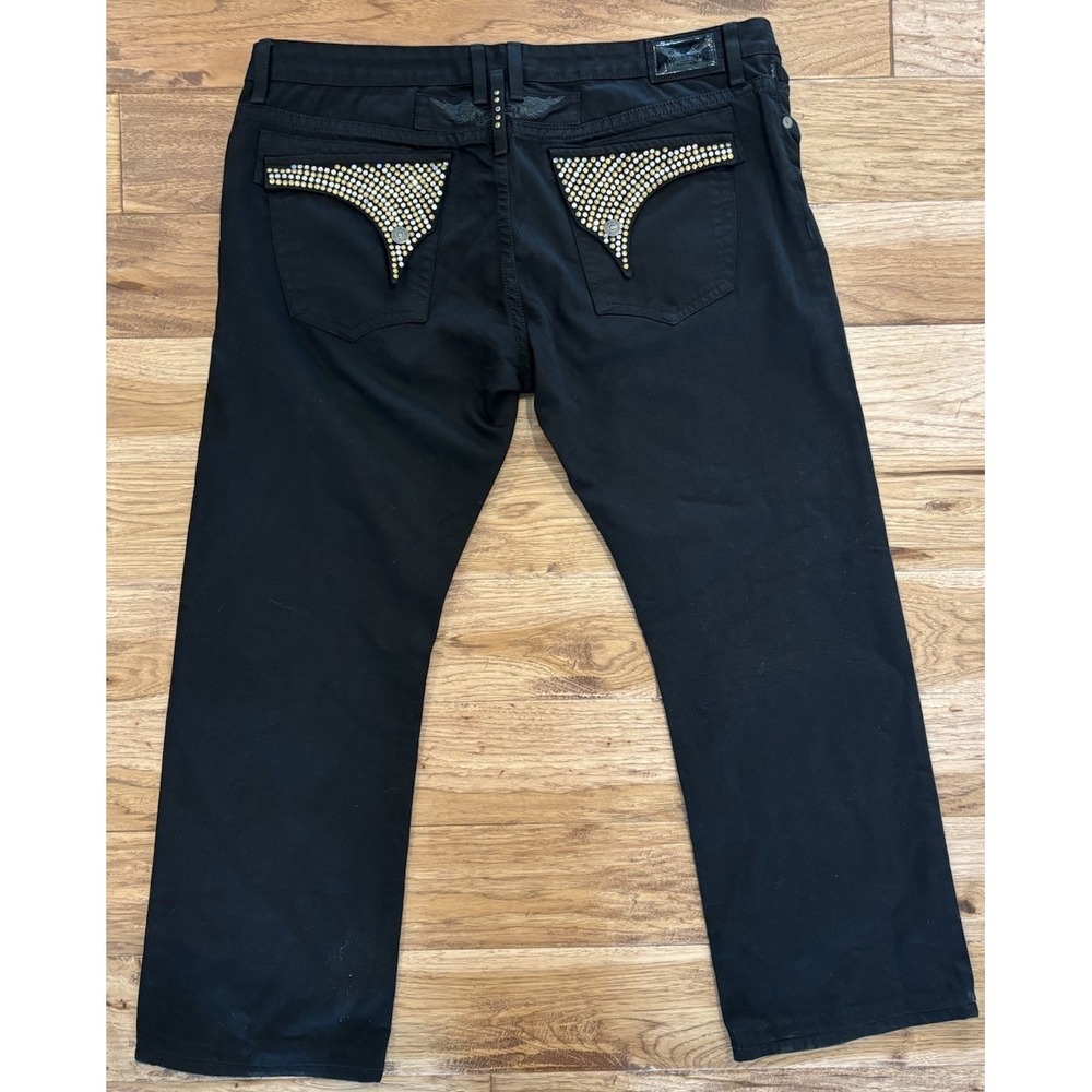 VTG ROBIN'S Jean Long Flap Wing Pockets Black Gold Silver Studded USA Men 44x32